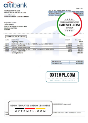editable template, United Kingdom Citibank bank statement template in .xls and .pdf format