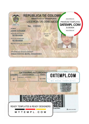 editable template, Colombia driving license template in PSD format, fully editable