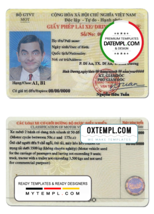 editable template, Vietnam driving license template in PSD format, fully editable
