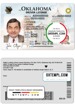 editable template, USA Oklahoma driving license template in PSD format, fully editable (2020 - present)