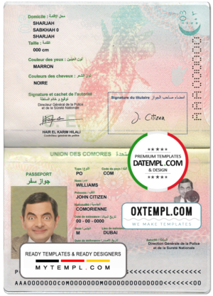 editable template, Union des Comores passport template in PSD format, fully editable