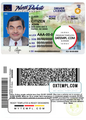 editable template, USA North Dakota driving license template in PSD format, fully editable, 2020 - present