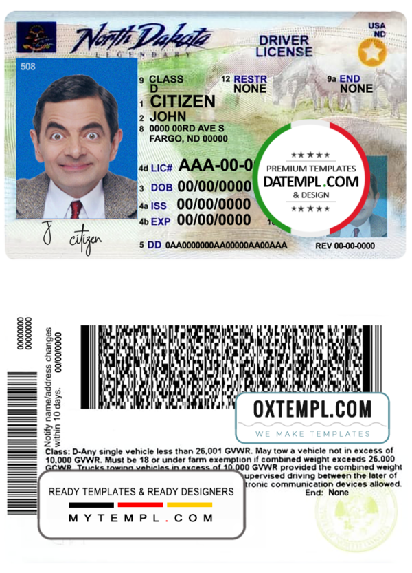 editable template, USA North Dakota driving license template in PSD format, fully editable, 2020 - present
