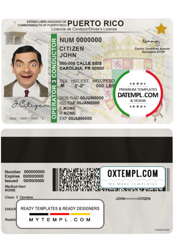 editable template, Puerto Rico driving license template in PSD format, fully editable