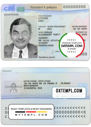 editable template, Czech permanent resident card template in PSD format, fully editable (scan + photo look PSD files)