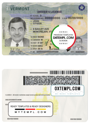 editable template, USA Vermont driving license template in PSD format (2019 - present)