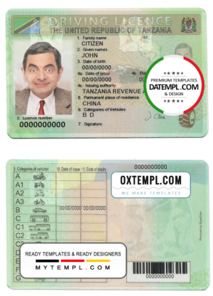editable template, Tanzania driving license template in PSD format, with fonts