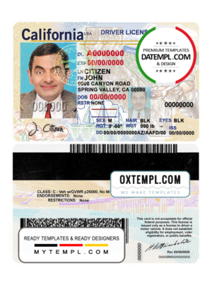 editable template, USA state California driving license template in PSD format (2018, January - present)