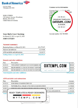 editable template, USA Bank of America bank statement template in Word and PDF format, version 4