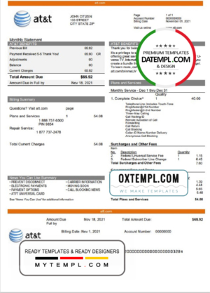 editable template, USA Texas AT&T telecommunications utility bill template in Word and PDF format