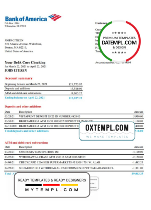 editable template, USA Bank of America bank statement template in Excel and PDF format, version 4