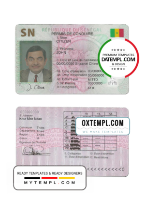 editable template, Senegal driving license template in PSD format, fully editable