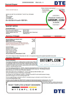editable template, USA Michigan DTE Energy utility bill template in Word and PDF format
