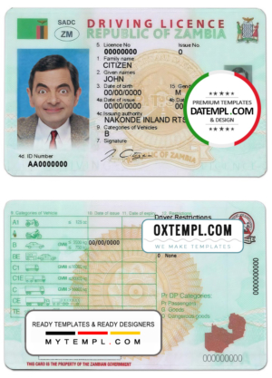 editable template, Zambia driving license template in PSD format, fully editable