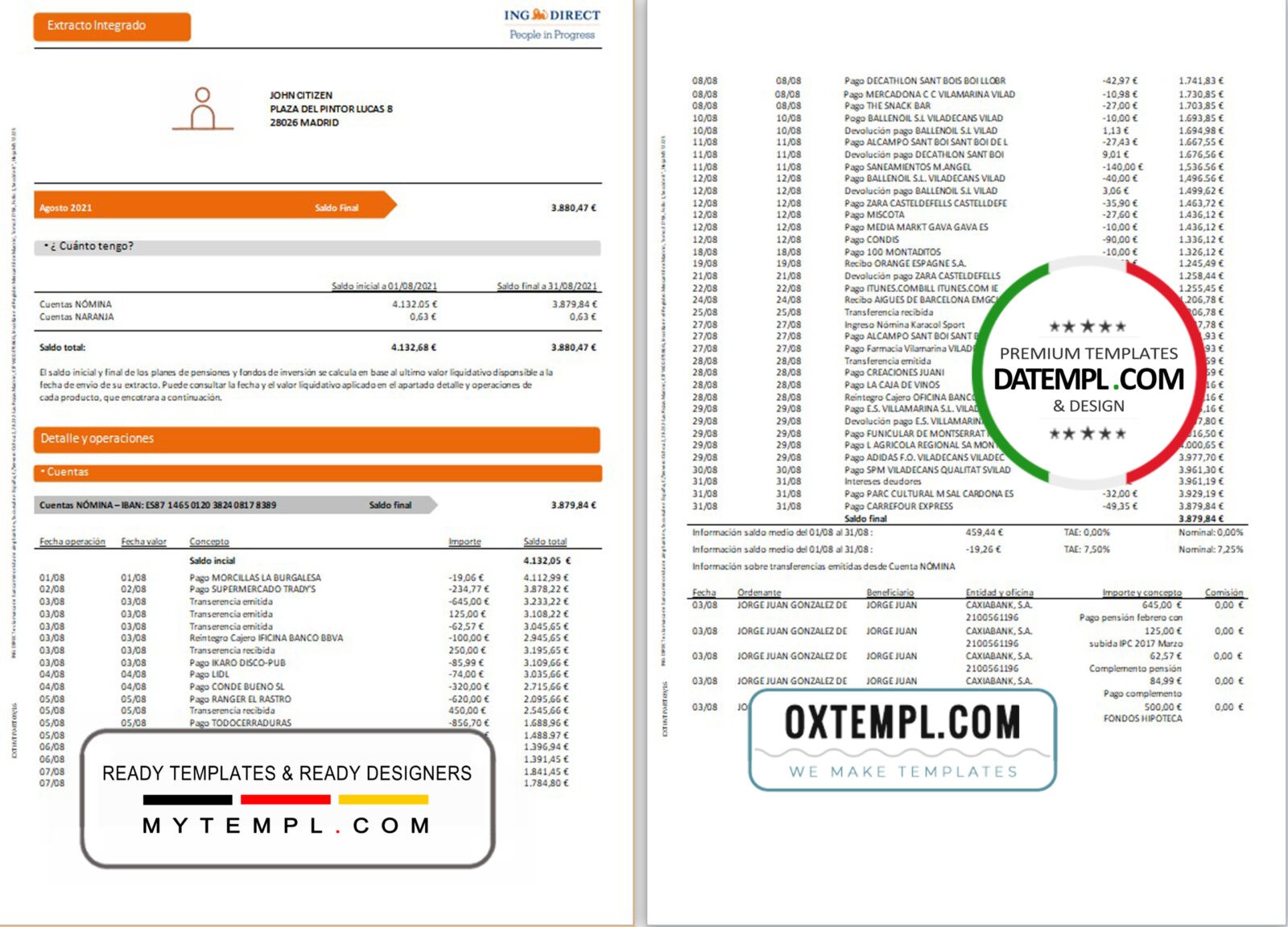 editable template, Spain ING Direct bank statement template in Word and PDF format, 3 pages