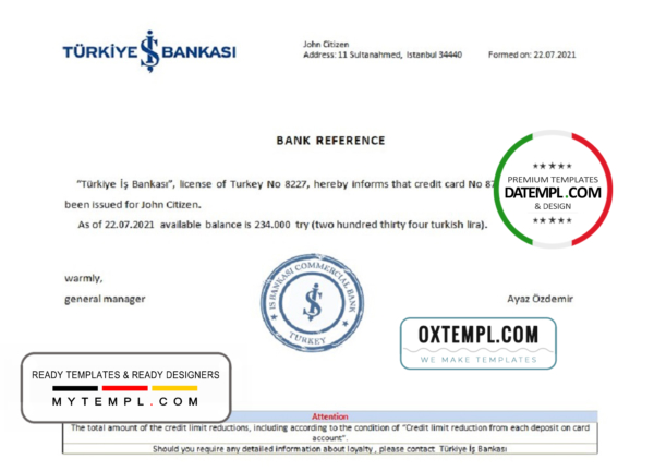 editable template, Turkey Is Bankasi bank reference letter template in Word and PDF format