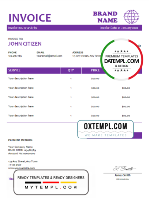 editable template, # purple stamp universal multipurpose invoice template in Word and PDF format, fully editable