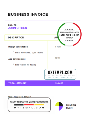 editable template, USA Austen Tech Company invoice template in Word and PDF format, fully editable