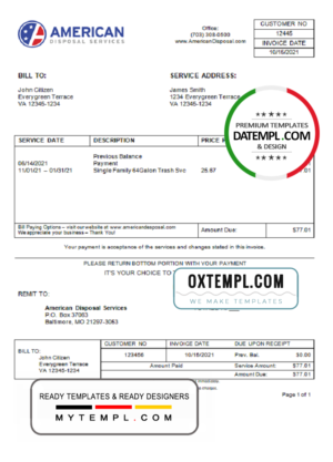 editable template, USA American Disposal invoice template in Word and PDF format, fully editable