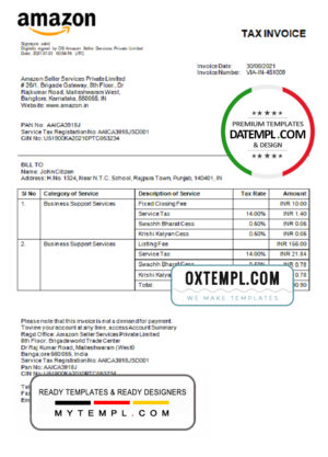 editable template, India Amazon American multinational technology company invoice template in Word and PDF format, fully editable