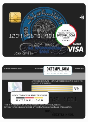 editable template, Afghanistan Da bank debit visa card template in PSD format, fully editable