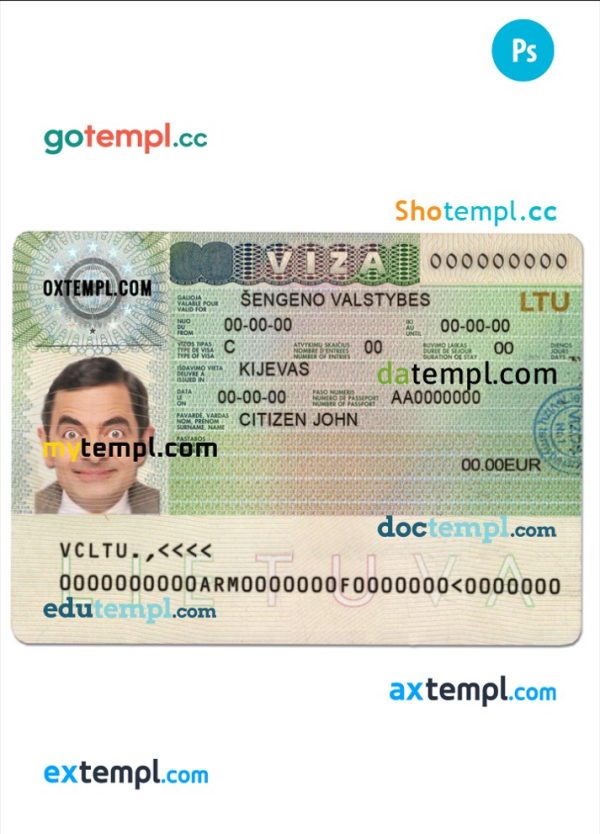 editable template, Lithuania (Litva) Schengen visa template in PSD format, fully editable