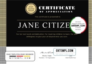 editable template, USA Teacher Appreciation certificate template in Word and PDF format