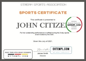 editable template, USA Sports certificate template in Word and PDF format