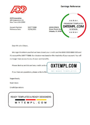 editable template, USA ADP bank account closure reference letter template in Word and PDF format