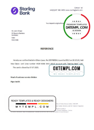 editable template, United Kingdom Starling bank account closure reference letter template in Word and PDF format