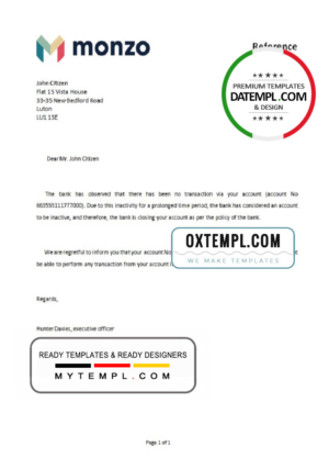 editable template, United Kingdom Monzo bank account closure reference letter template in Word and PDF format
