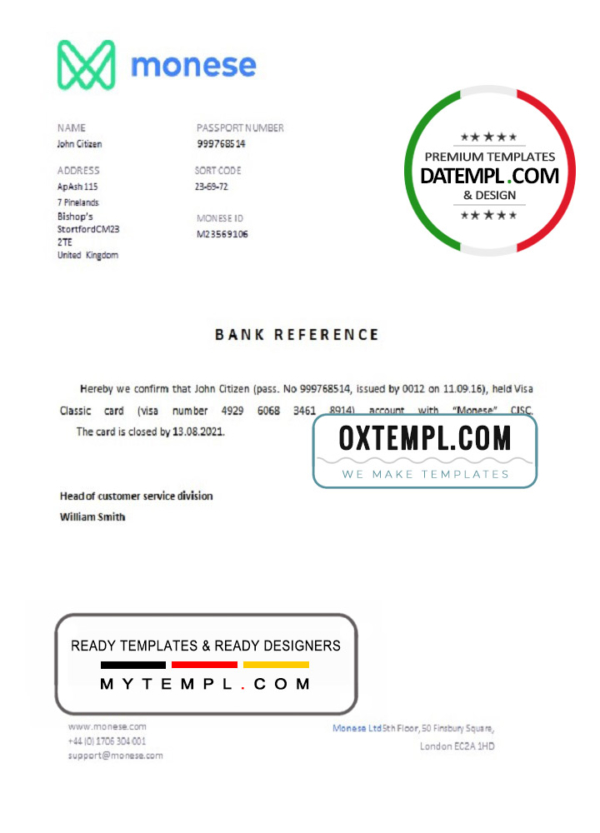 editable template, United Kingdom Monese bank account closure reference letter template in Word and PDF format