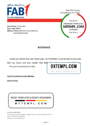editable template, UAE FAB bank account closure reference letter template in Word and PDF format