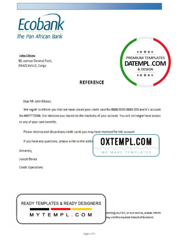 editable template, Congo Ecobank bank account closure reference letter template in Word and PDF format