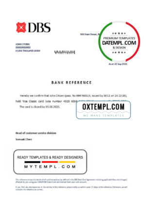editable template, Thailand DBS bank account closure reference account reference letter template in Word and PDF format