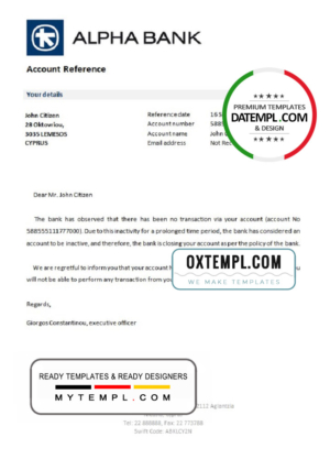 editable template, Cyprus Alpha Bank account closure reference letter template in Word and PDF format