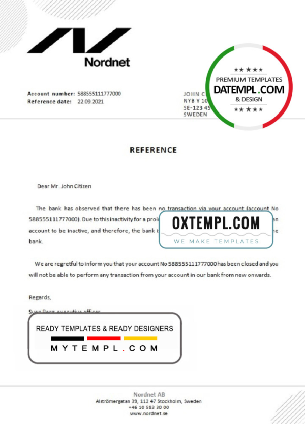 editable template, Sweden Nordnet bank account closure reference letter template in Word and PDF format
