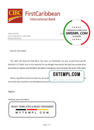 editable template, Dominica CIBC First Caribbean International bank account closure reference letter template in Word and PDF format