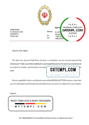 editable template, Iran Melli bank account closure reference letter template in Word and PDF format