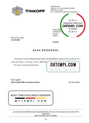 editable template, Russia Tinkoff bank account closure reference (USD) letter template in Word and PDF format (in English)