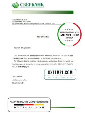 editable template, Russia Sberbank bank account closure reference letter template in Word and PDF format