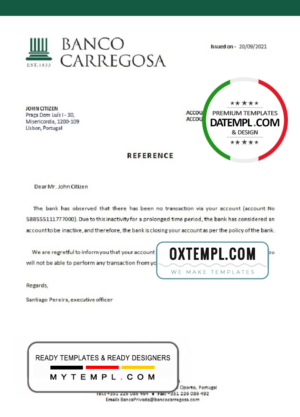 editable template, Portugal Banco Carregosa bank account closure reference letter template in Word and PDF format