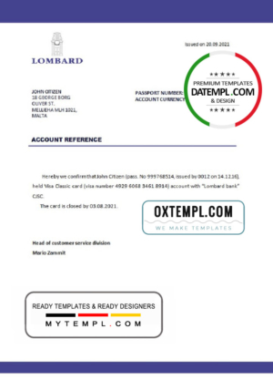 editable template, Malta Lombard bank account closure reference letter template in Word and PDF format