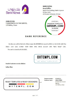 editable template, Oman Bank Nizwa bank account closure reference letter template in Word and PDF format