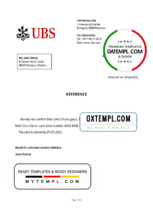 editable template, Monaco UBS bank account closure reference letter template in Word and PDF format