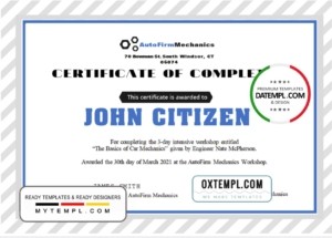 editable template, USA Car Workshop Experience  Certificate template in Word and PDF format