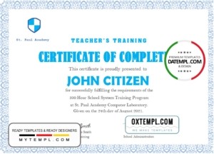 editable template, USA Teacher's Training Completion certificate template in Word and PDF format