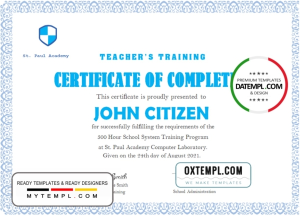 editable template, USA Teacher's Training Completion certificate template in Word and PDF format