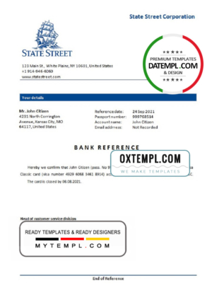editable template, USA State Street bank account closure reference letter template in Word and PDF format
