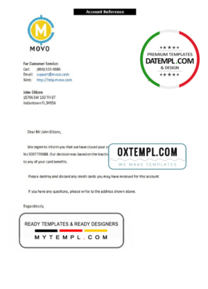 editable template, USA Movo bank account closure reference letter template in Word and PDF format